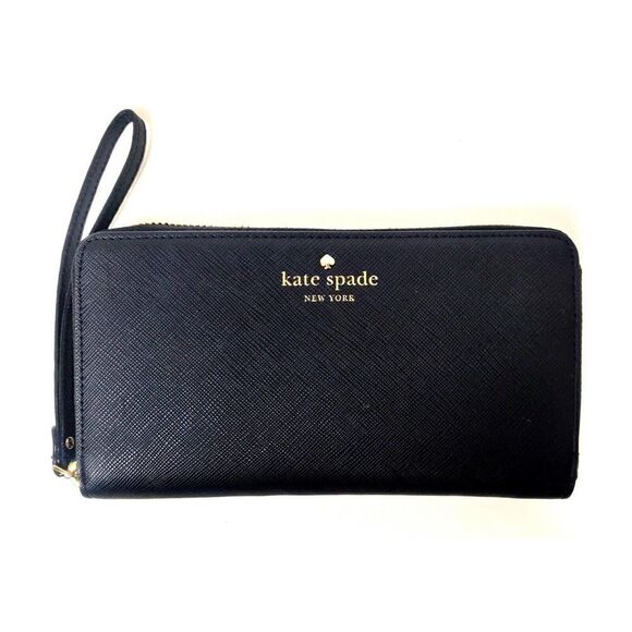 KATE SPADE NY BLACK SAFFIANO GENUINE LEATHER LOGO ZIP AROUND CARD WALLET CLUTCH - Picture 1 of 9